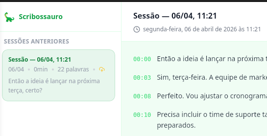 Screenshot do app mostrando a transcrição gerada
